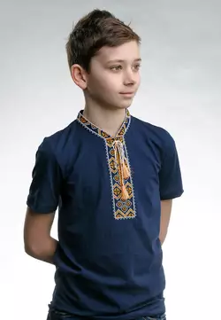 Детская футболка темно-синего цвета с вышивкой «Казацкая (золотая вышивка)»