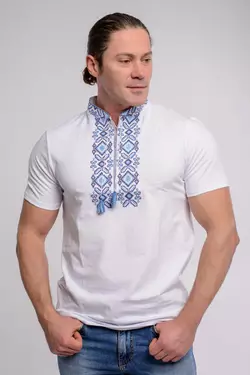 Модная мужская вышитая футболка "Гетьман" белая с синим