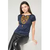 Жіноча футболка з оранжевою вишивкою у темно-синьому кольорі із кутасиками «Зор'яне Сяйво» Жіноча футболка з оранжевою вишивкою у темно-синьому кольорі із кутасиками «Зор'яне Сяйво»