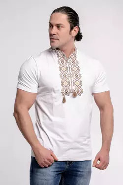 Современная мужская вышитая футболка "Гетьман" белая с коричневым