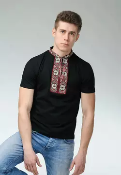 Молодіжна вишита футболка для чоловіка чорного кольору «Гуцульська (вишнева вишивка)» Молодіжна вишита футболка для чоловіка чорного кольору «Гуцульська (вишнева вишивка)»