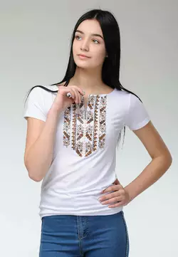 Жіноча літня футболка на короткий рукав із коричневою вишивкою «Природна експресія» Жіноча літня футболка на короткий рукав із коричневою вишивкою «Природна експресія»