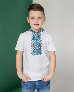 Вышитая футболка для мальчика с коротким рукавом Дем'янчик (синяя вышивка)