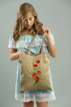 Эко сумка для покупок с вышитым цветочным орнаментом "Маки" бежевая