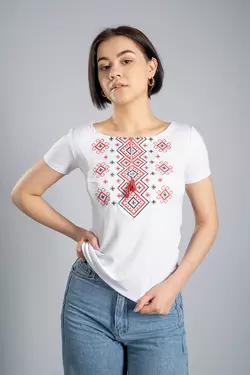 Біла жіноча вишиванка на короткий рукав із зав'язками «Карпатський орнамент (червона вишивка)» Біла жіноча вишиванка на короткий рукав із зав'язками «Карпатський орнамент (червона вишивка)»