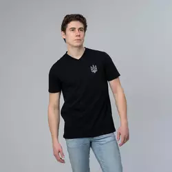 Футболка чоловіча з V-вирізом "Тризуб" сіра вишивка Футболка чоловіча з V-вирізом "Тризуб" сіра вишивка