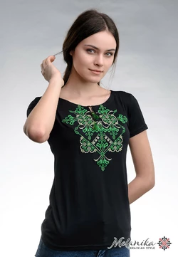 Летняя черная женская вышитая футболка с коротким рукавом «Элегия (зеленая вышивка)»