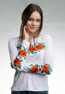Біла жіноча вишита футболка на довгий рукав в українському стилі «Макове поле» Біла жіноча вишита футболка на довгий рукав в українському стилі «Макове поле»