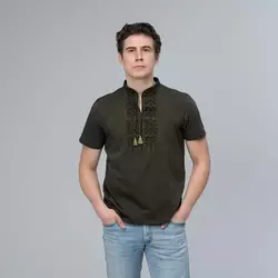 Стильна чоловіча футболка з вишивкою на грудях у темно-зеленому кольорі "Тризуб" Стильна чоловіча футболка з вишивкою на грудях у темно-зеленому кольорі "Тризуб"