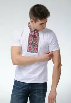 Класична чоловіча вишита футболка білого кольору «Гуцульська (вишнева вишивка)» Класична чоловіча вишита футболка білого кольору «Гуцульська (вишнева вишивка)»