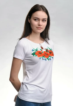 Модная женская вышитая футболка в белом цвете с цветами «Маковое поле»