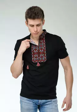 Модна чоловіча вишита футболка темного кольору «Король Данило (вишнева вишивка)» Модна чоловіча вишита футболка темного кольору «Король Данило (вишнева вишивка)»