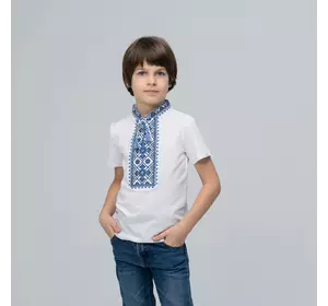 Біла футболка для хлопчика із вишивкою на грудях «Зоряне сяйво (синя вишивка)» Біла футболка для хлопчика із вишивкою на грудях «Зоряне сяйво (синя вишивка)»