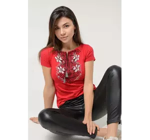 Женская вышитая футболка в молодежном стиле «Лилея с красным»