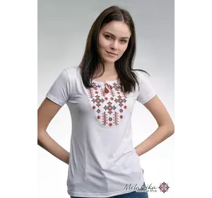 Классическая белая женская вышитая футболка «Звездное сияние (красная вышивка)»