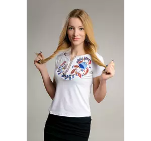 Женская белая футболка-вышиванка с неповторимым орнаментом «Петриковская роспись»