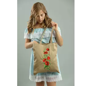 Эко сумка для покупок с вышитым цветочным орнаментом "Маки" бежевая