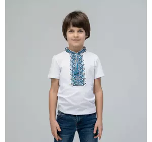 Вишита футболка для хлопчика з коротким рукавом Дем'янчик (синя вишивка) Вишита футболка для хлопчика з коротким рукавом Дем'янчик (синя вишивка)