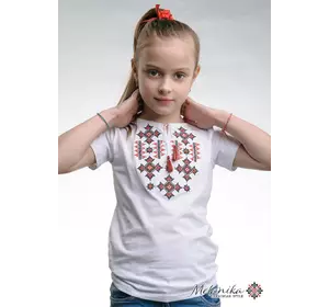Вышитая футболка для девочки белого цвета с геометрическим орнаментом «Звездное сияние (красная)»