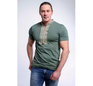Стильная мужская вышитая футболка в стиле милитари "Казацкая" зеленая с коричневым