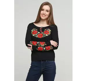 Женская вышитая футболка с длинным рукавом «Маковий цвіт» черная