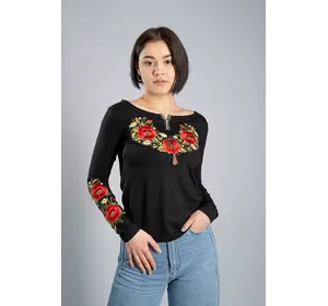 Жіноча вишита футболка з довгим рукавом «Маковий цвіт» чорна Жіноча вишита футболка з довгим рукавом «Маковий цвіт» чорна