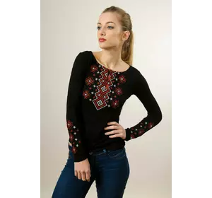 Витончена чорна жіноча вишита футболка «Карпатський орнамент (червона вишивка)» Витончена чорна жіноча вишита футболка «Карпатський орнамент (червона вишивка)»